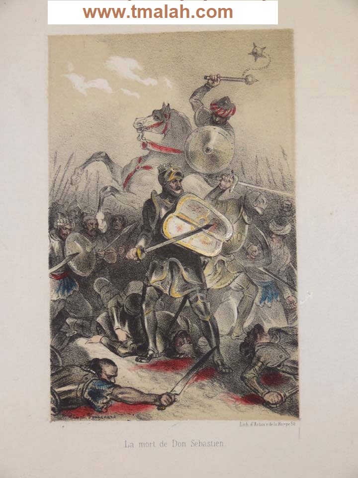 رسم بالرصاص والألوان لمقتل “دون سيبستيان” في معركة القصر الكبير ( وادي المخازن )/ مدونة أسماء التمالح
